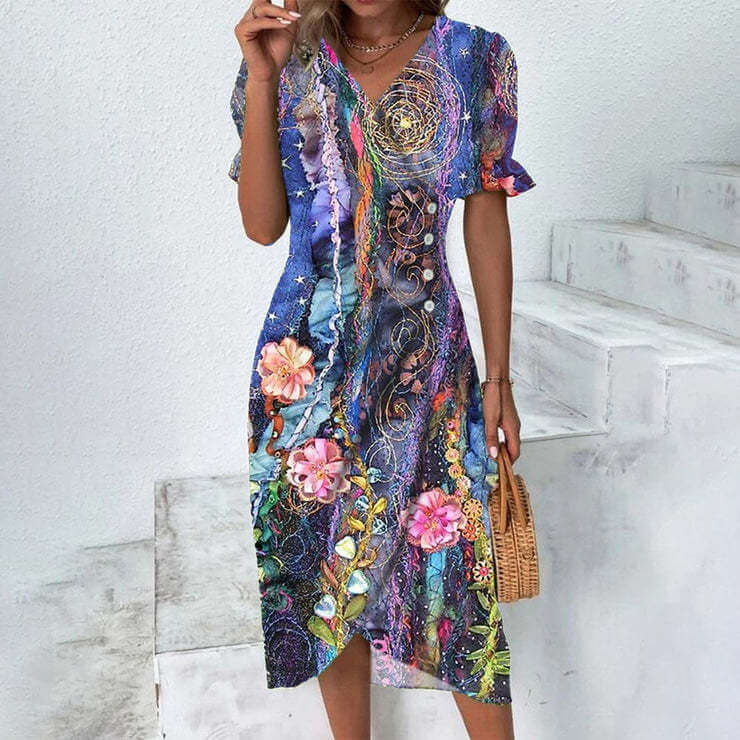 A chic women's knee-length summer dress with a flowy silhouette. Ideal for garden parties & casual style.