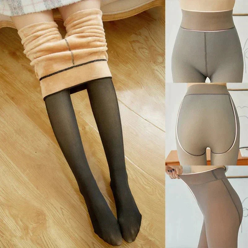 Close-up of Elena's soft, stretchy thermal winter tights, perfect warm leggings for women's fashion.