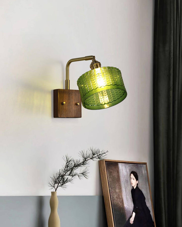 Rustic Green Glass Wall Light with Wooden Base