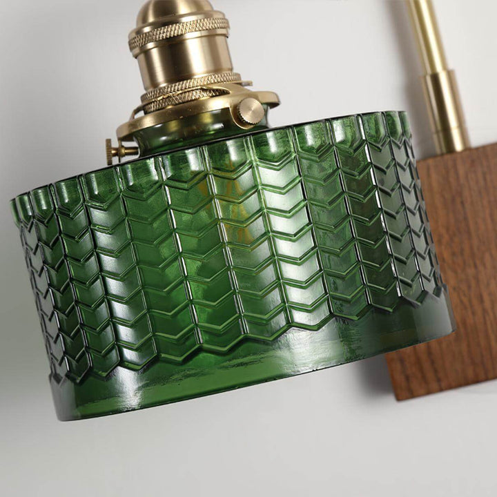 Rustic Green Glass Wall Light with Wooden Base