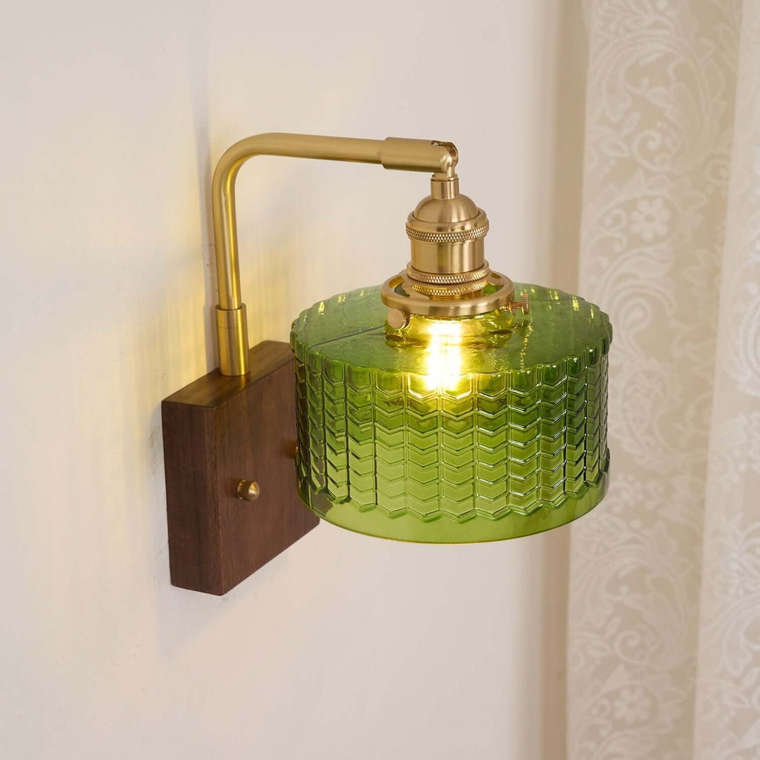 Rustic Green Glass Wall Light with Wooden Base