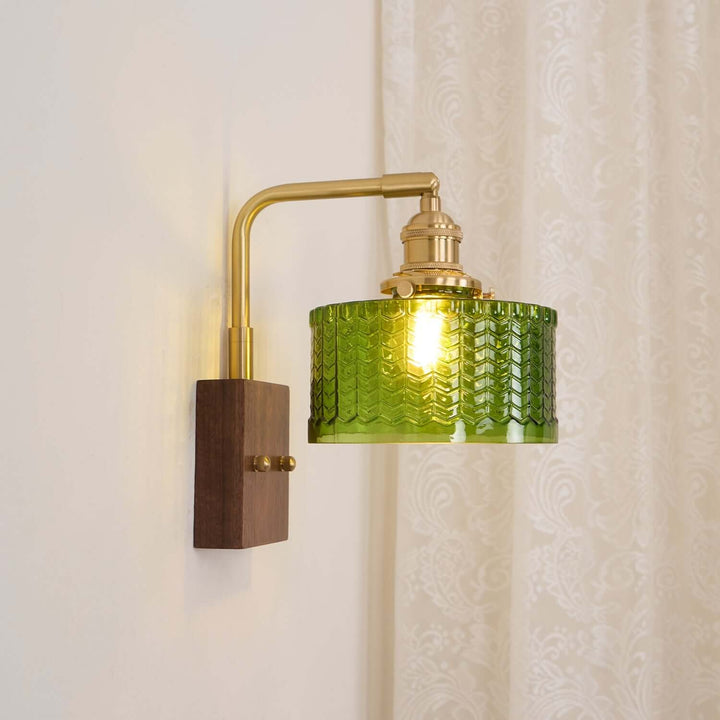 Rustic Green Glass Wall Light with Wooden Base