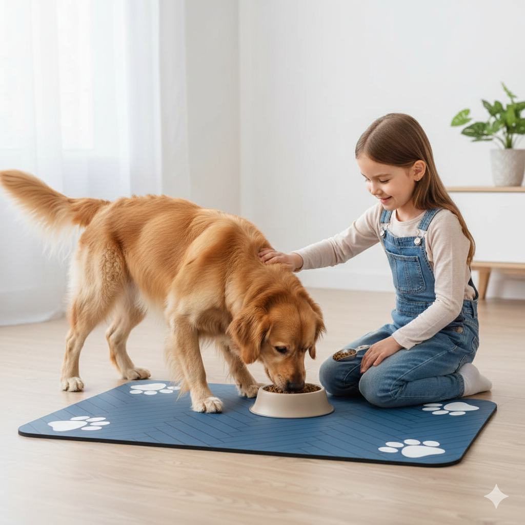 Spill-proof dog mat, highly absorbent, keeps floors clean during mealtimes. Grey pet accessory.