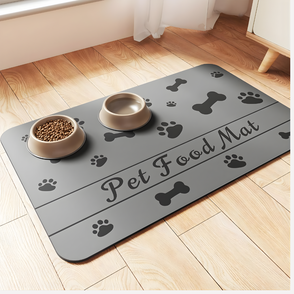 Spill-free pet mat, absorbent floor protector for dog bowls & cat dishes, easy to clean.