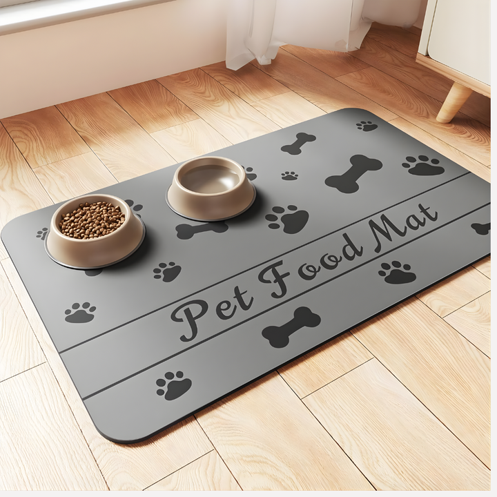 Spill-free pet mat, absorbent floor protector for dog bowls & cat dishes, easy to clean.