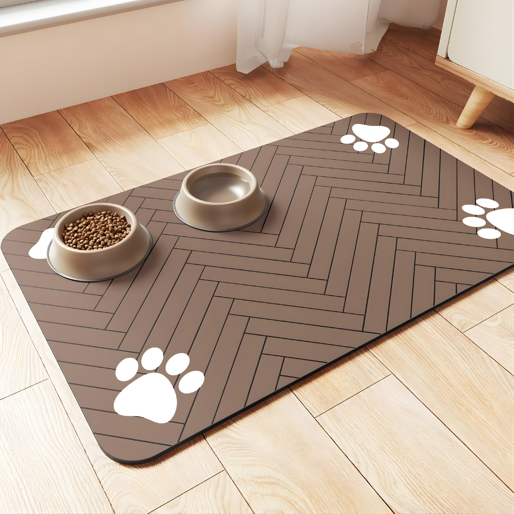 Durable pet accessory, absorbent mat for under food & water bowls, prevents messes and stains.