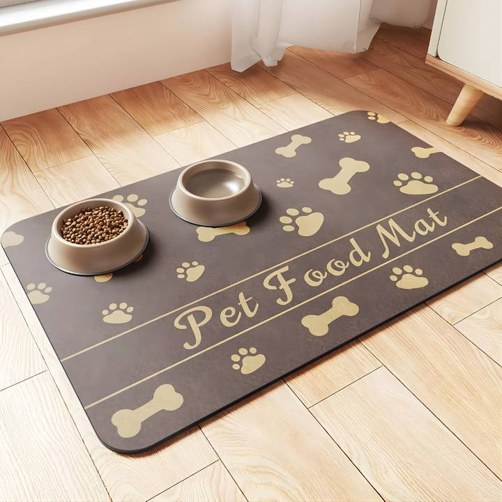 Pet absorbent mat for spill-free feeding, great for puppies & kittens, protecting all floor types.