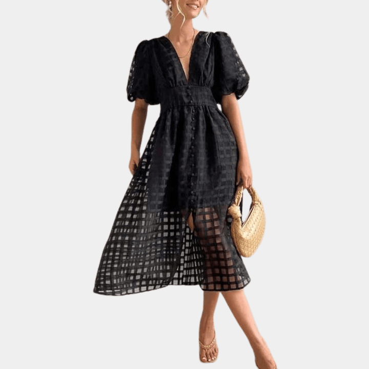 Checkered Sheer Midi Dress with Puff Sleeves - Women's