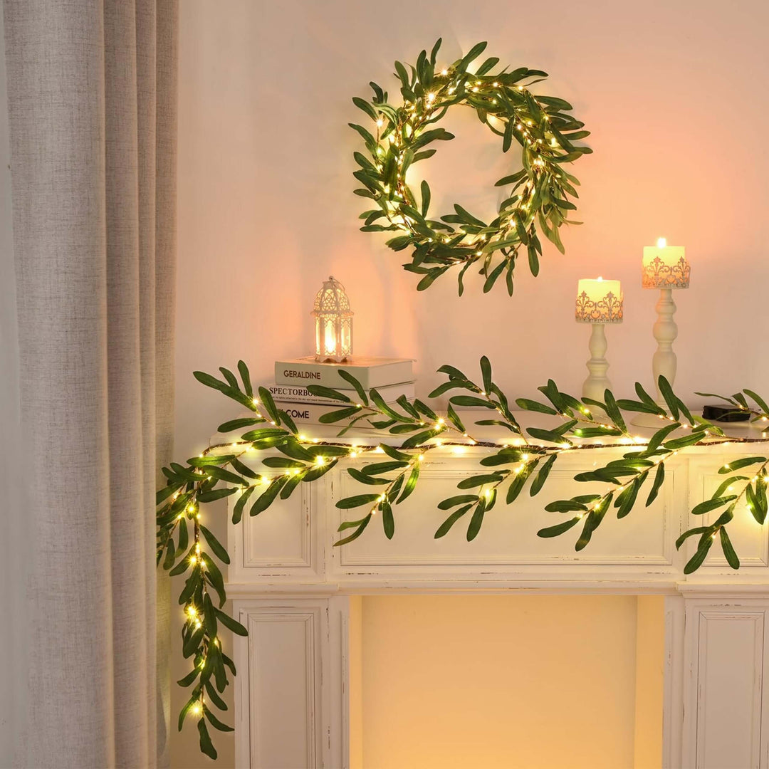 72 Inch Lighted Olive Branch Garland with 96 LEDs