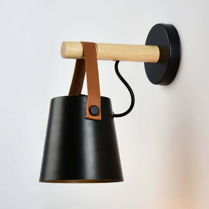 Conical Wooden Wall Light with Leather Strap