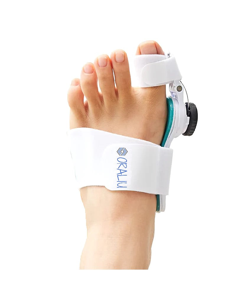 Adjustable bunion corrector showcasing foot relief solution; aligns toes, aids in correcting bunions, and ensures daily comfo