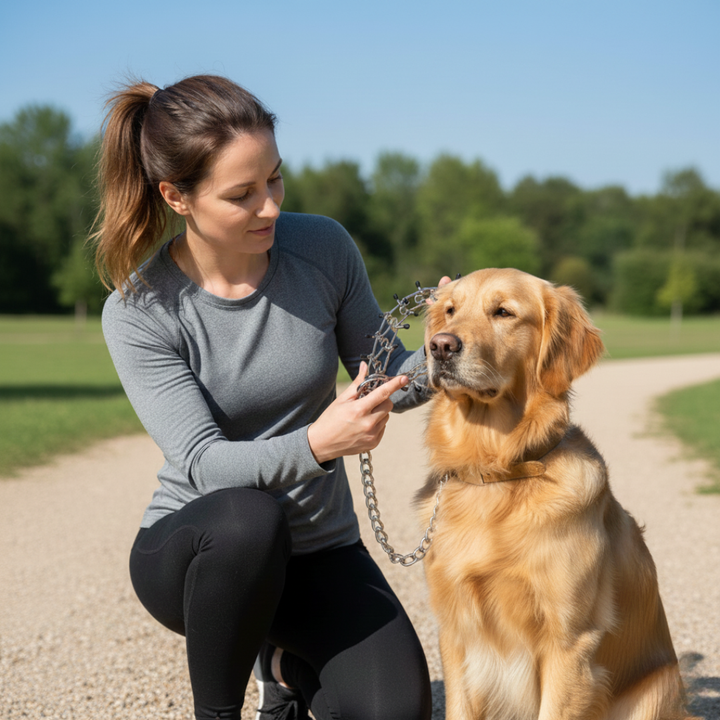 Adjustable dog training pinch collar for gentle anti-pull control during obedience walks.