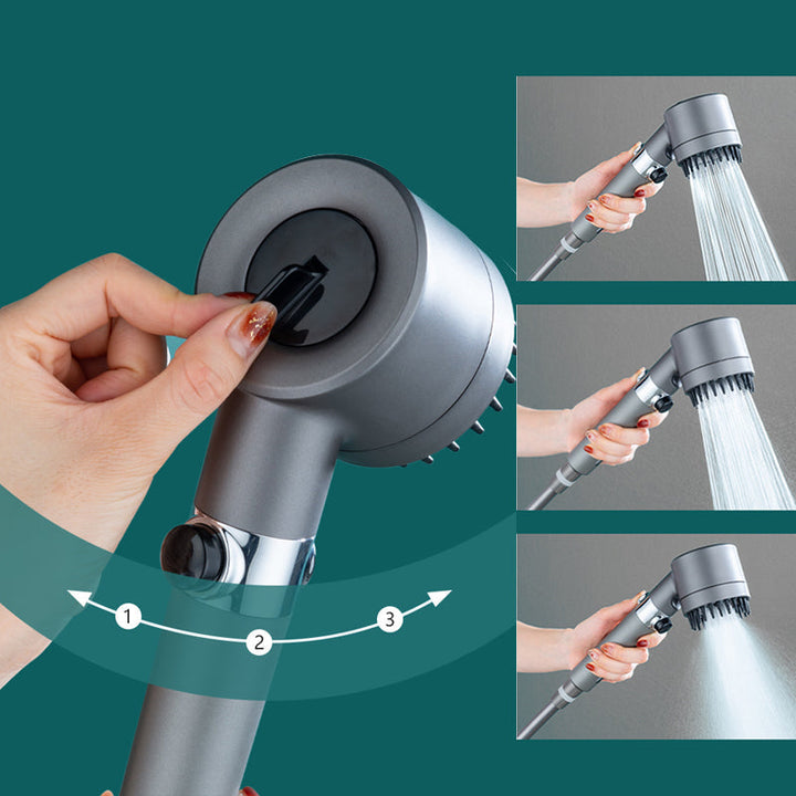 Adjustable high pressure filtered shower head with chrome finish, featuring 3 modes: high pressure, massage, and mist setting