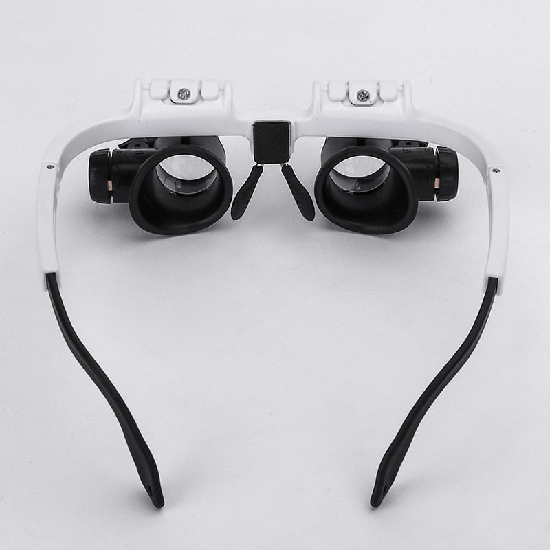 Bright LED magnifier visor, 8x, 15x, 23x optical tool for intricate crafting, repairs & inspections.