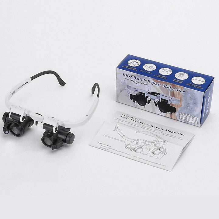 Hands-free LED magnifier visor, perfect hobby glasses for detailed tasks, jewelry, and electronics repair.