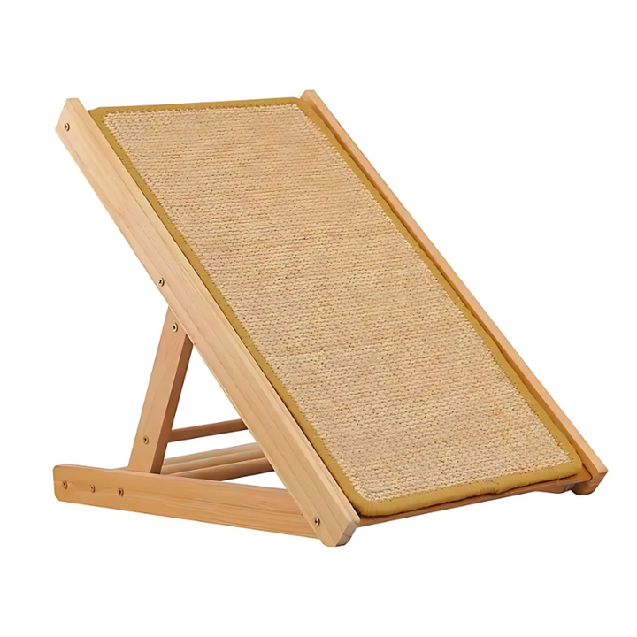 "Adjustable sisal cat scratcher with natural fibers, wooden base, and inclined design for active cats to protect furniture."