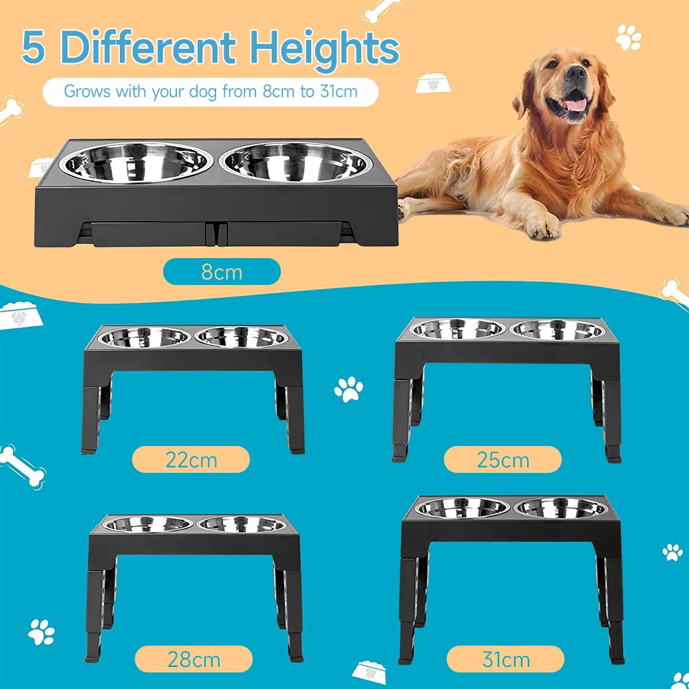 "Adjustable tilt raised dog bowl stand with stainless and slow-feed bowls, ergonomic design for comfortable pet feeding."