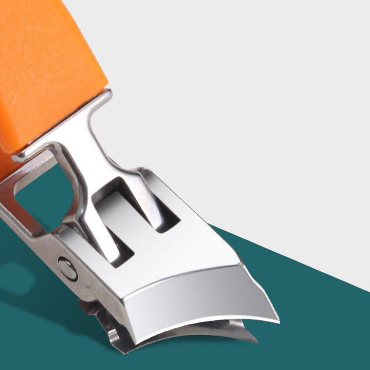 Close-up of wide jaw nail clippers showing sharp blades & anti-splash guard, ideal for thick adult nails.