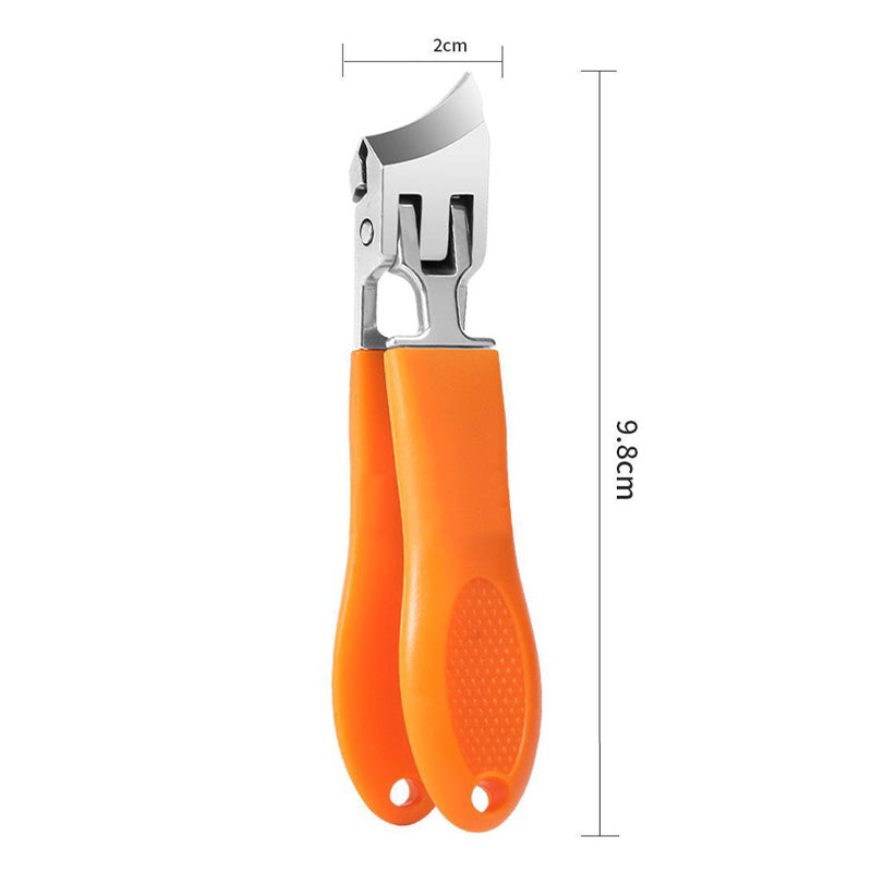 Hand holding ergonomic extra-wide nail clippers, demonstrating comfortable grip for trimming thick toenails.