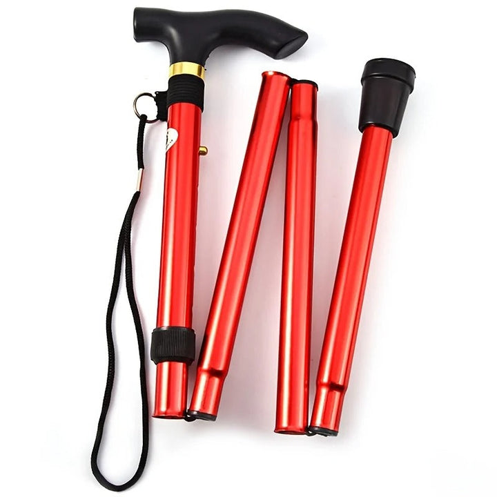 Adults' daily living mobility aid, an adjustable folding walking stick for improved health & wellness support.