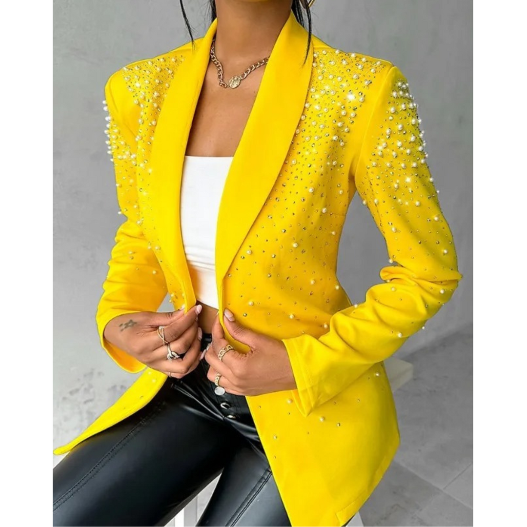 Amara slim fit women's blazer with elegant pearl details, perfect for formal or casual chic office wear.