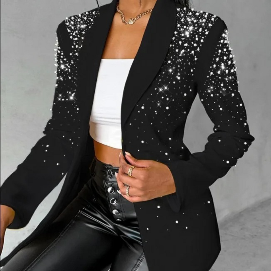 Chic slim fit women's blazer with pearl details, a versatile statement jacket for elegant fashion.