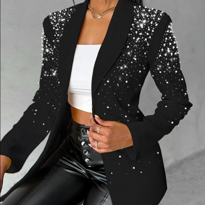 Chic slim fit women's blazer with pearl details, a versatile statement jacket for elegant fashion.