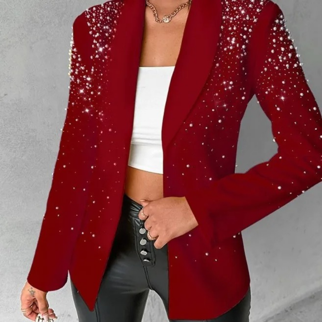 Elegant slim fit women's blazer featuring exquisite pearl detailing on lapels, ideal for office or evening.