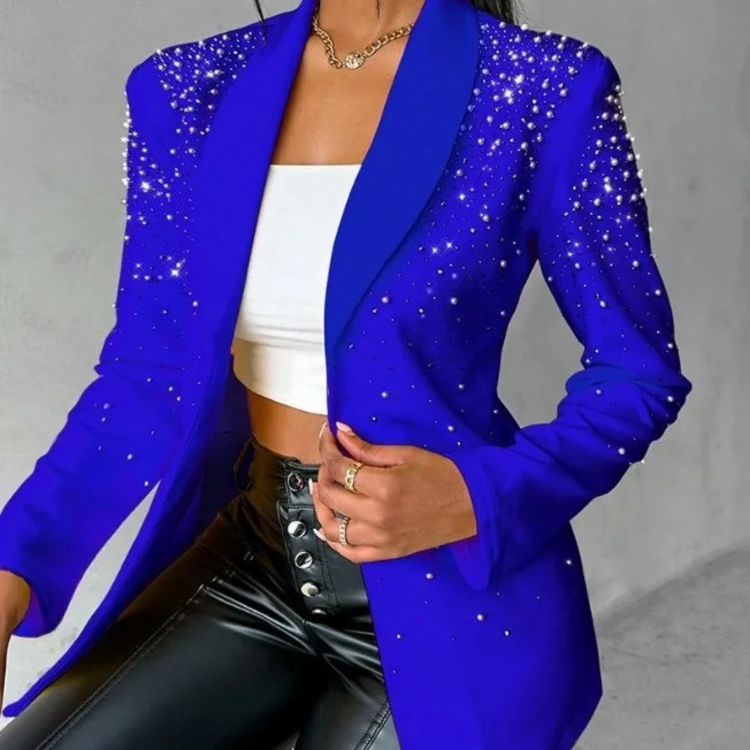 Stylish ladies' slim fit blazer jacket adorned with pearls, a perfect elegant outerwear for formal or casual occasions.