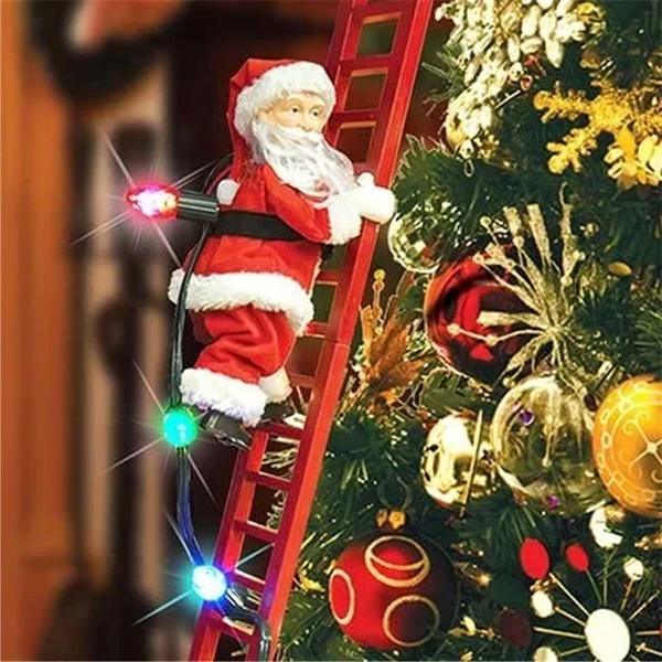 Animated Santa Claus figure climbing a ladder, perfect festive Christmas holiday decoration.