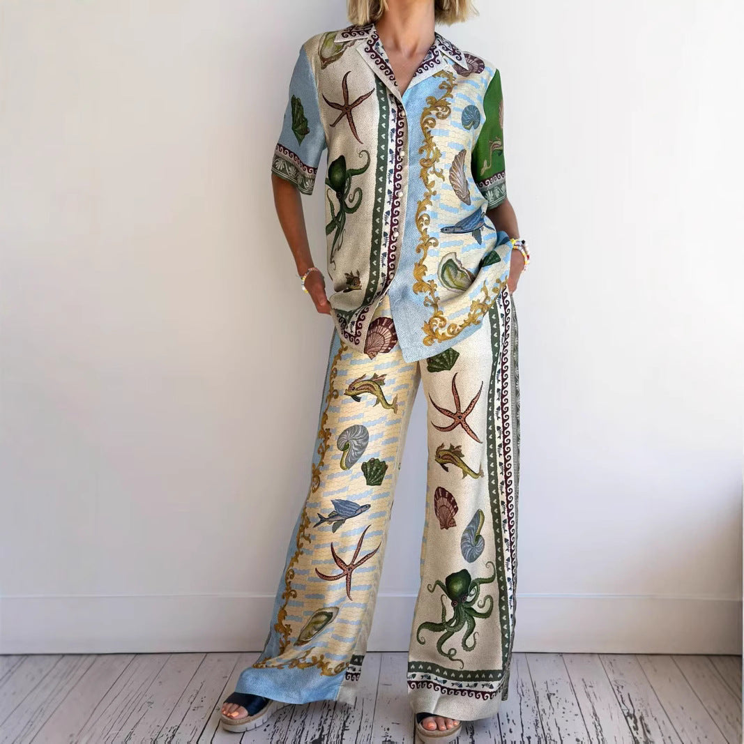 Apricot women's marine print linen blend shirt & wide-leg pants two-piece set, perfect for casual summer resort wear.