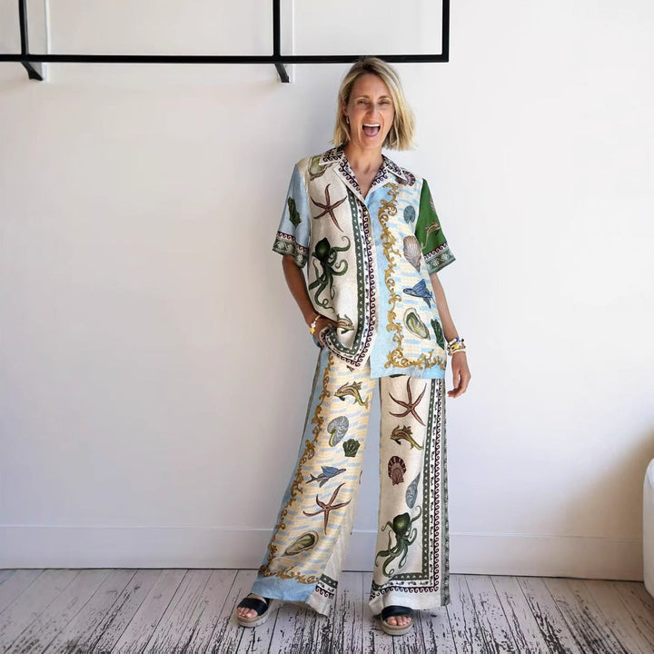 Comfortable, breathable apricot linen blend shirt and wide-leg pants set, ideal for a relaxed summer or resort look.