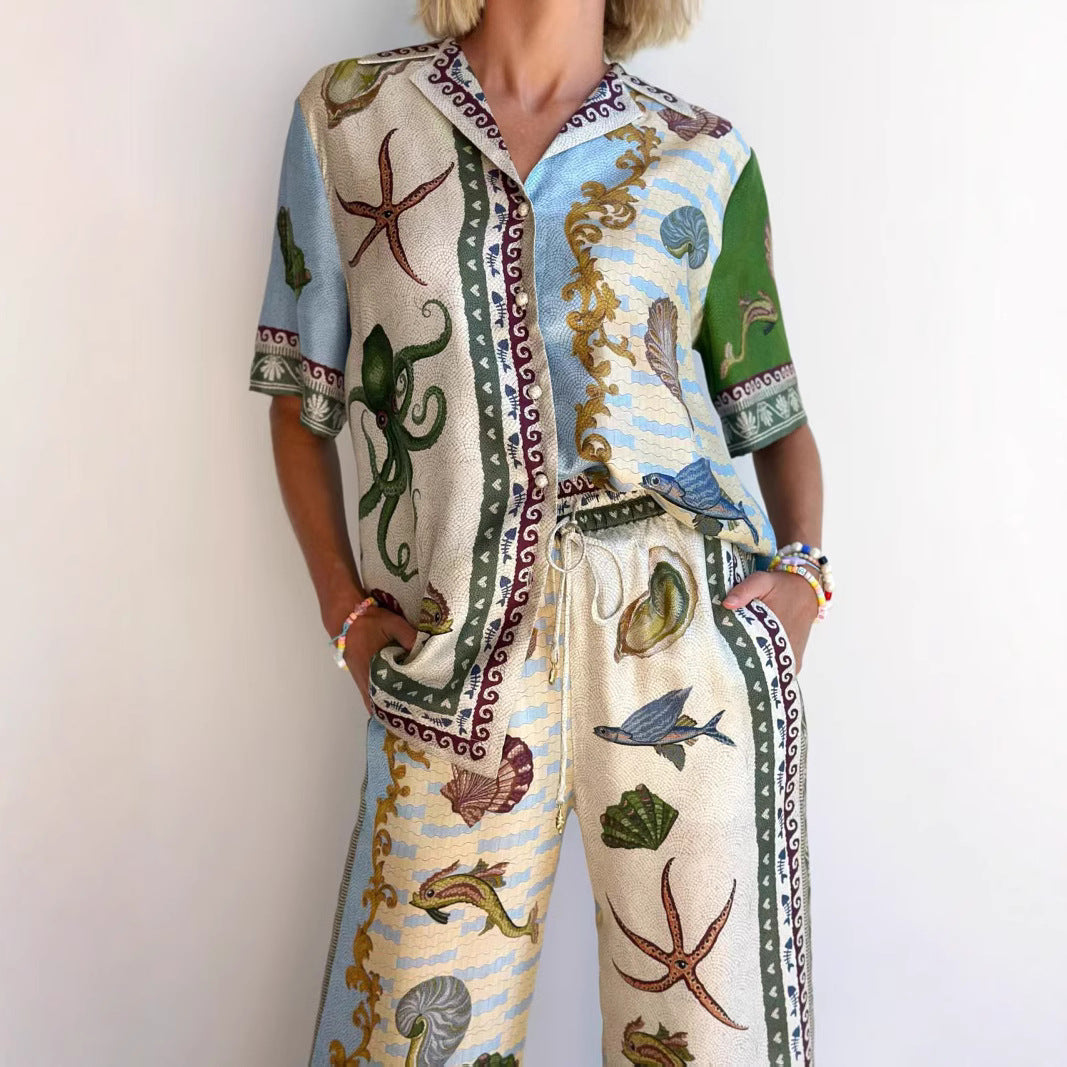 Women's apricot marine print linen blend shirt and matching wide-leg pants set, a stylish summer outfit.