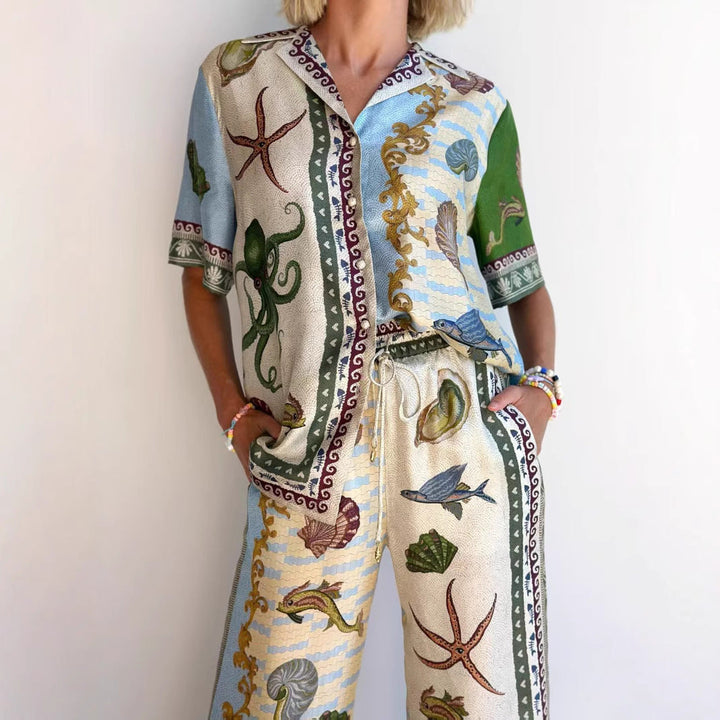 Women's apricot marine print linen blend shirt and matching wide-leg pants set, a stylish summer outfit.