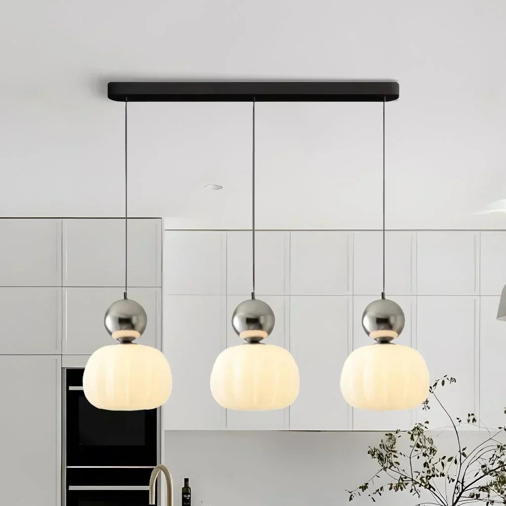 Art Deco Cream Pendant Light with Bauhaus design, featuring a high-quality metal frame and warm glow for elegant home lighting.