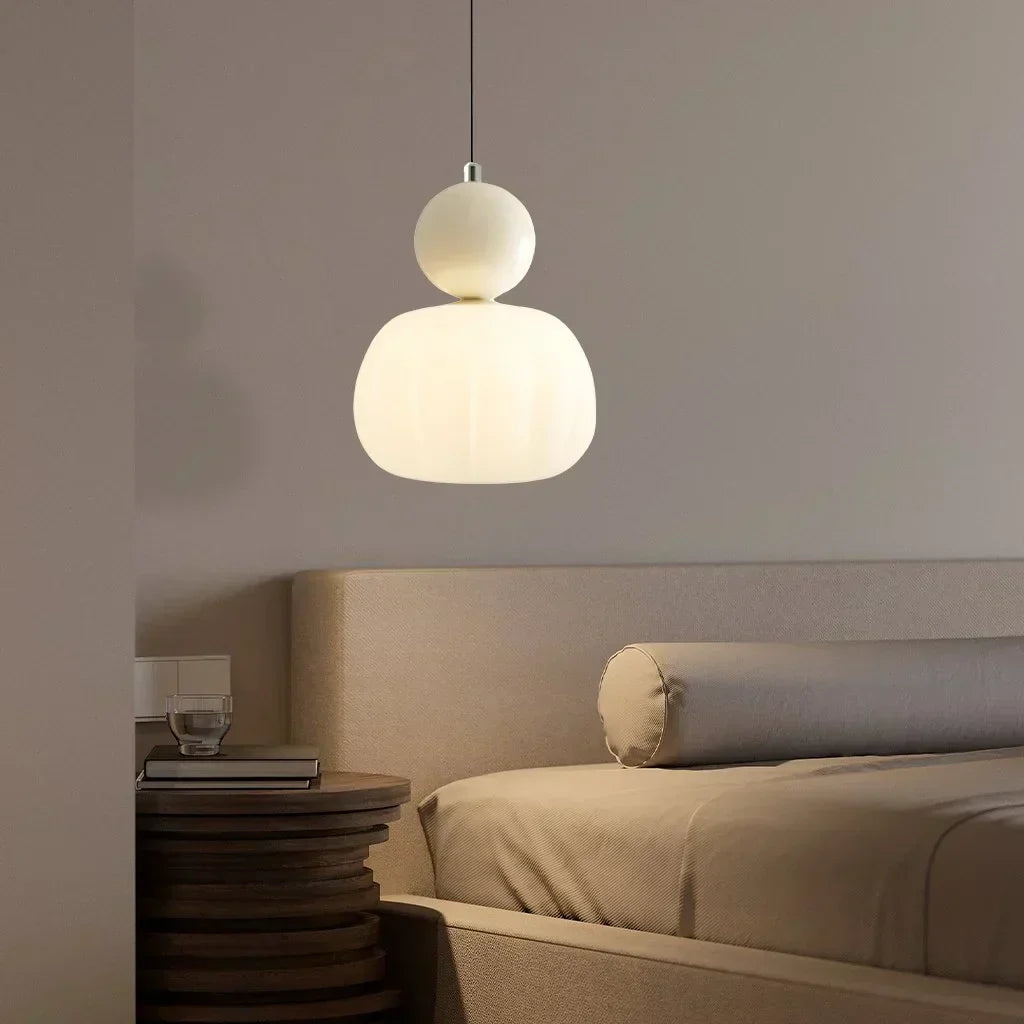 Art Deco Cream Pendant Light with Bauhaus design, featuring a high-quality metal frame and warm glow for elegant home lighting.