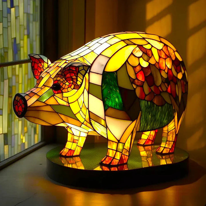 Elegant animal table lamp, artistic stained glass artwork enhancing living room decor with ambient light.