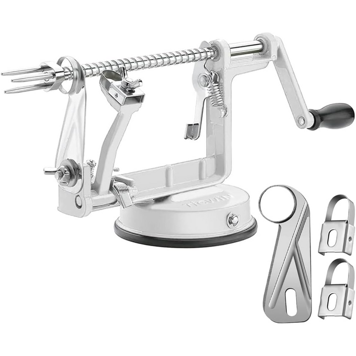 Automatic apple peeler, corer, & slicer with strong suction base for easy fruit prep.