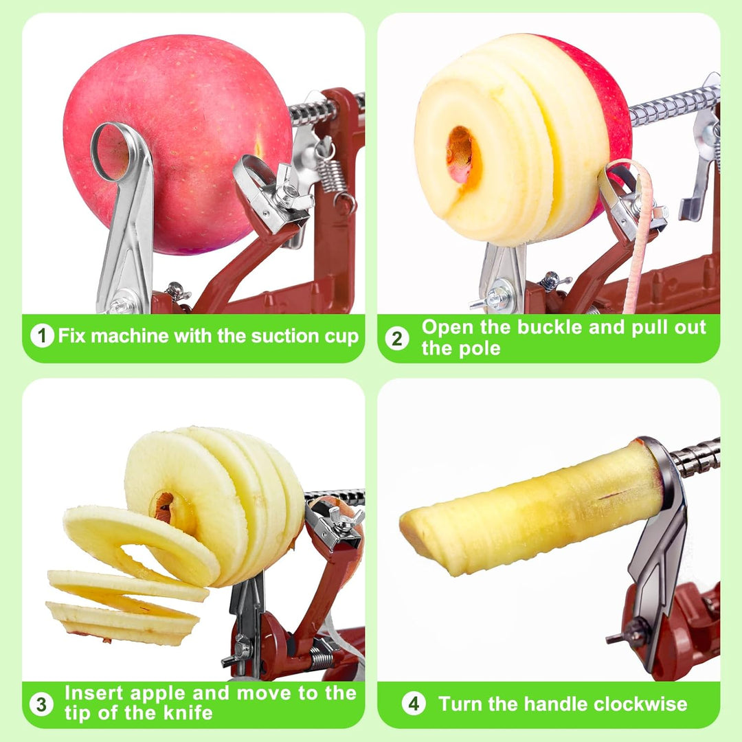 Kitchen gadget: automatic apple peeler, corer, slicer. Ideal for quick fruit & vegetable food prep.