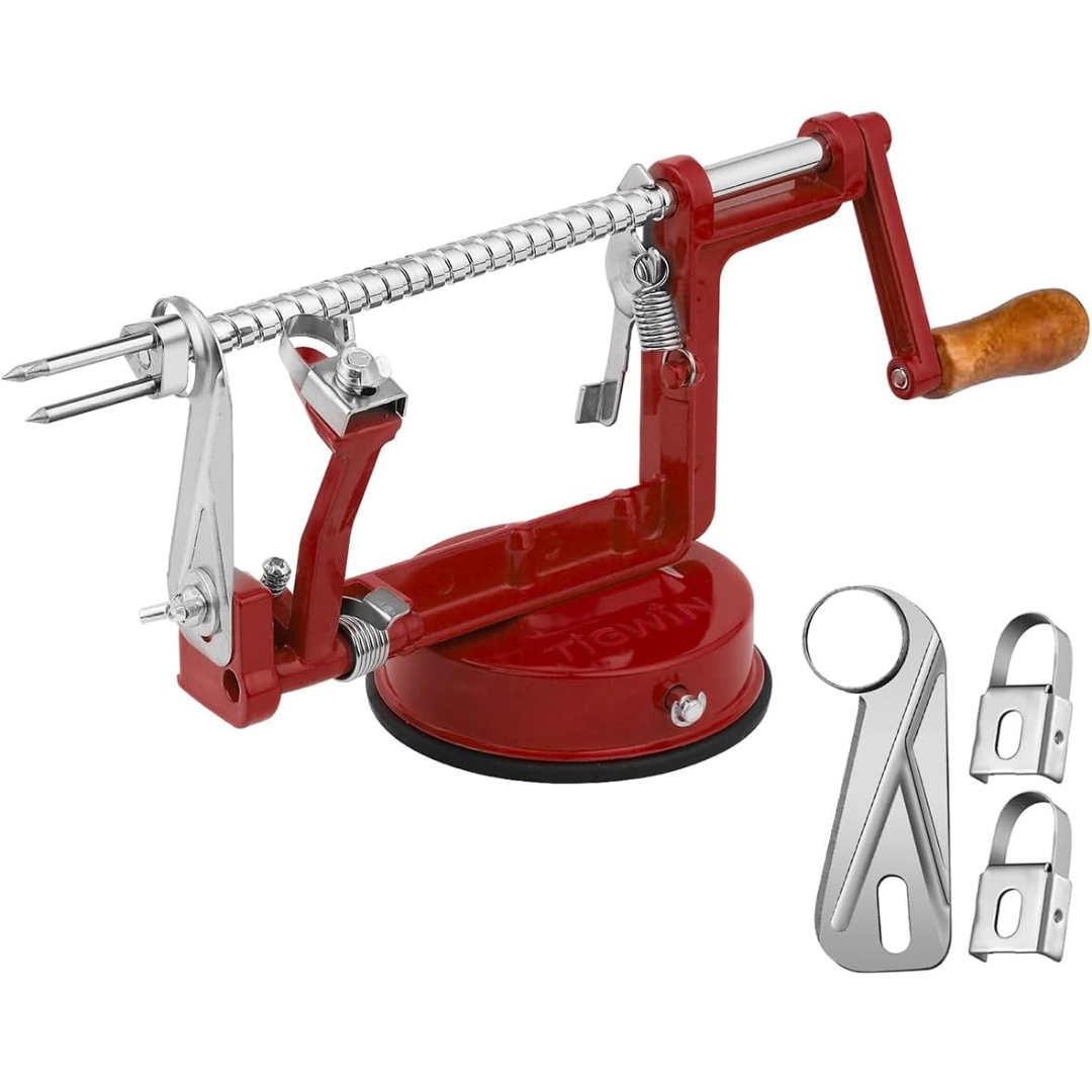 Automatic apple peeler, corer & slicer for efficient fruit processing in home kitchens.