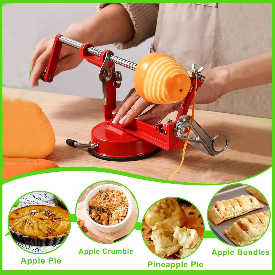 Automatic apple peeler, corer, slicer, perfect baking tool for pies, tarts & healthy snacks.