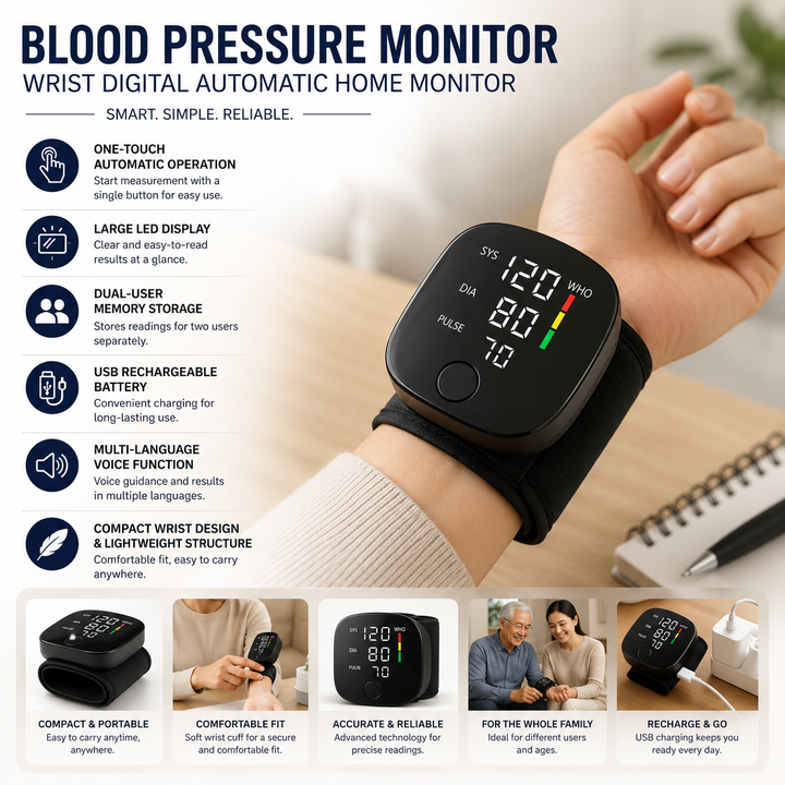 Rechargeable automatic wrist BP monitor, ideal for daily personal health care and home use.