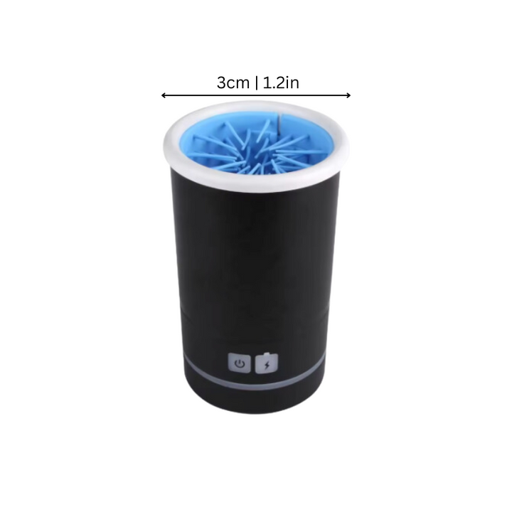 "Automatic pet paw washer with rotating bristles, cleans paws gently, USB rechargeable, available in sizes S, M, L."