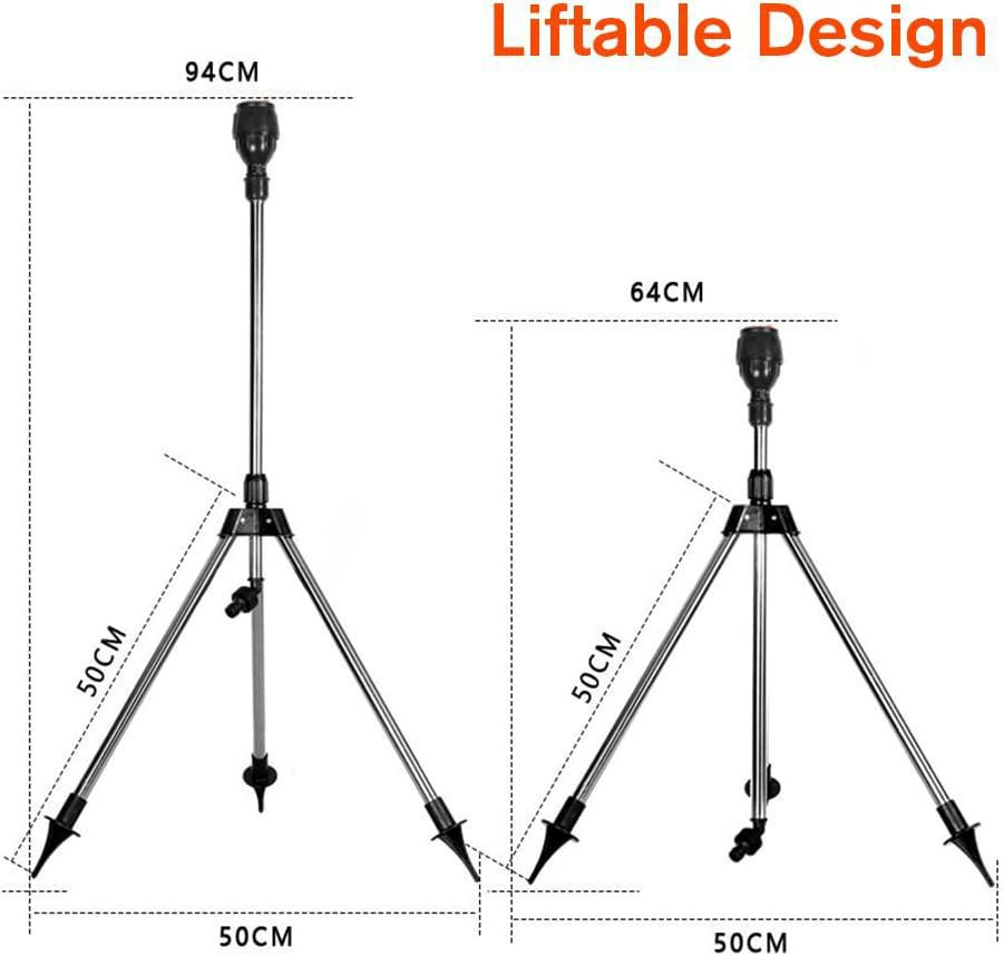 Automatic rotating garden sprinkler with adjustable tripod for customizable height, perfect for even water distribution.
