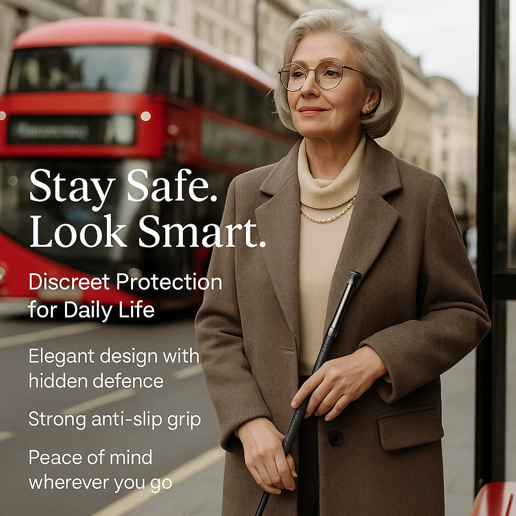 "Automatic self-defense walking stick for urban safety with one-click deploy, anti-slip grip, and lightweight alloy design."
