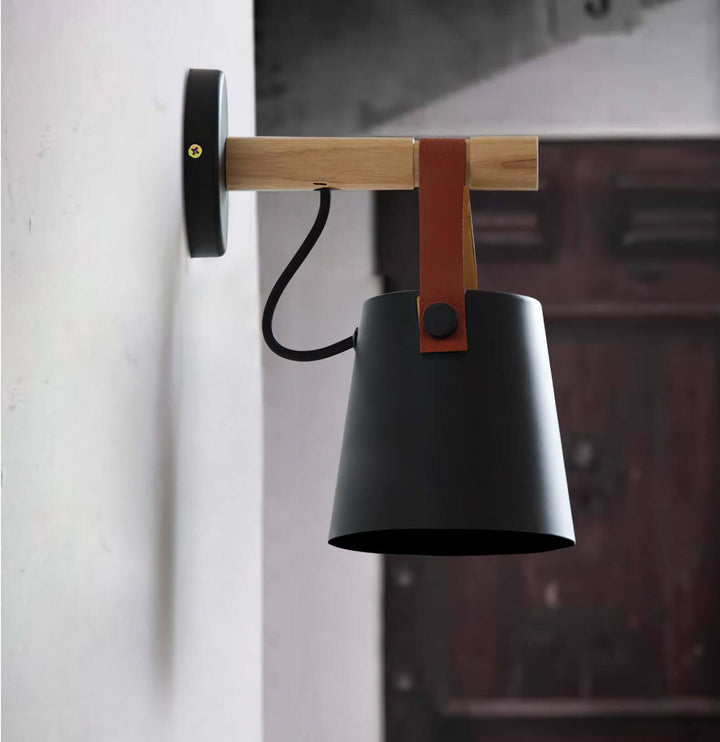 Conical Wooden Wall Light with Leather Strap