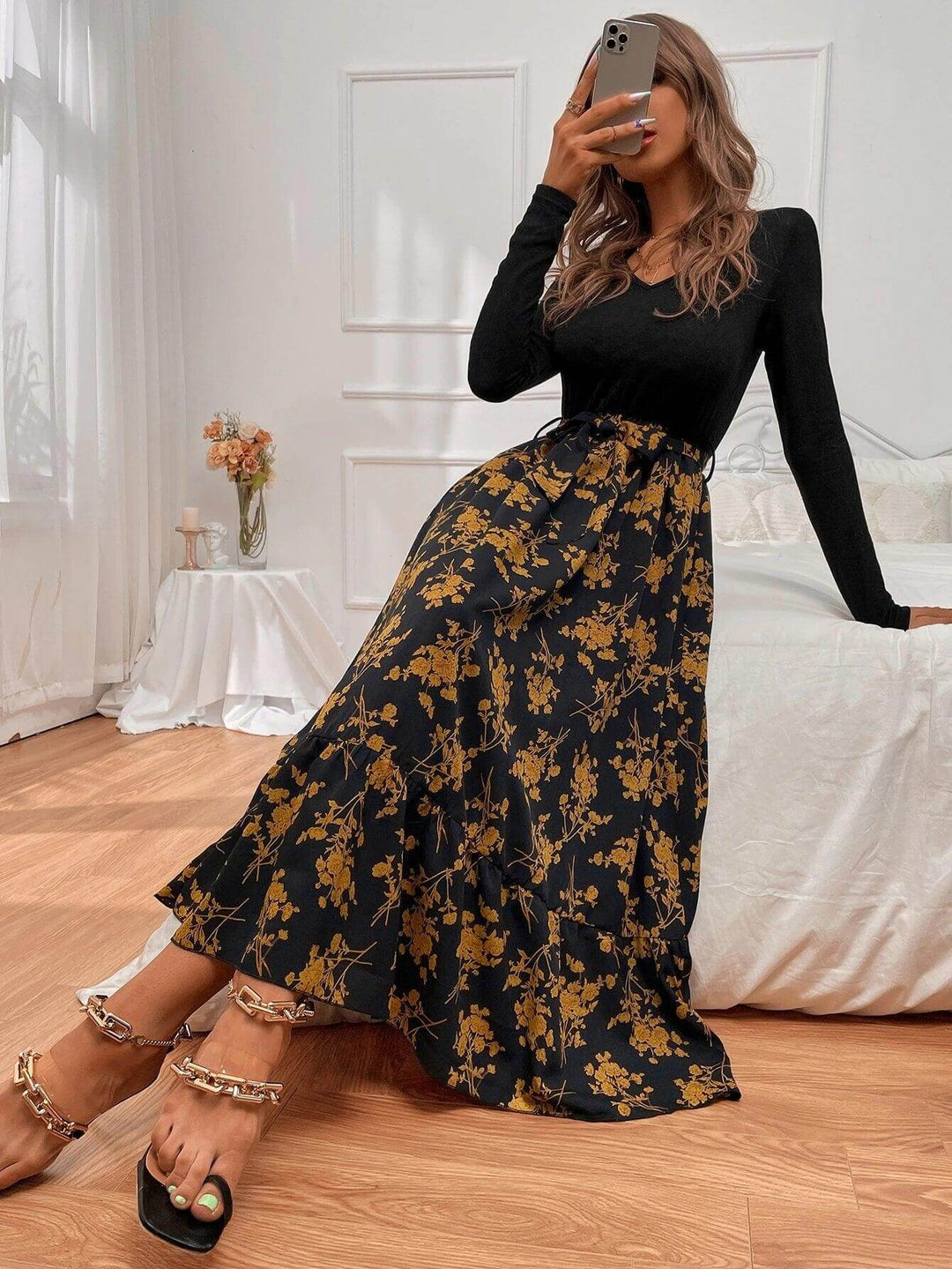 Women's Floral A-Line Long Sleeve Dress