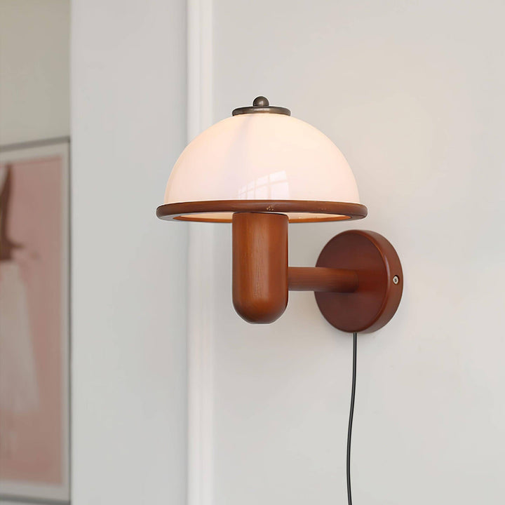Oak Wood Mushroom Wall Light with White Shade