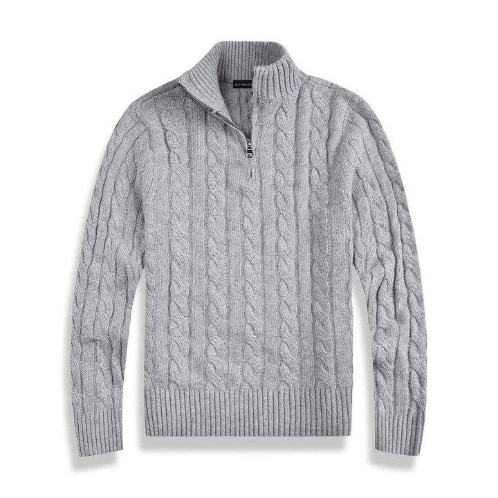 Beige men's half-zip cotton sweater with high collar, front view. Features ribbed edges and luxurious soft fabric.