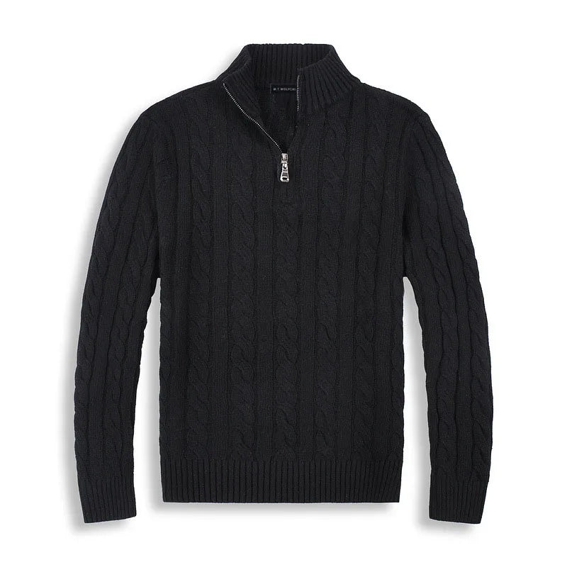 Beige men's half-zip cotton sweater with high collar, front view. Features ribbed edges and luxurious soft fabric.